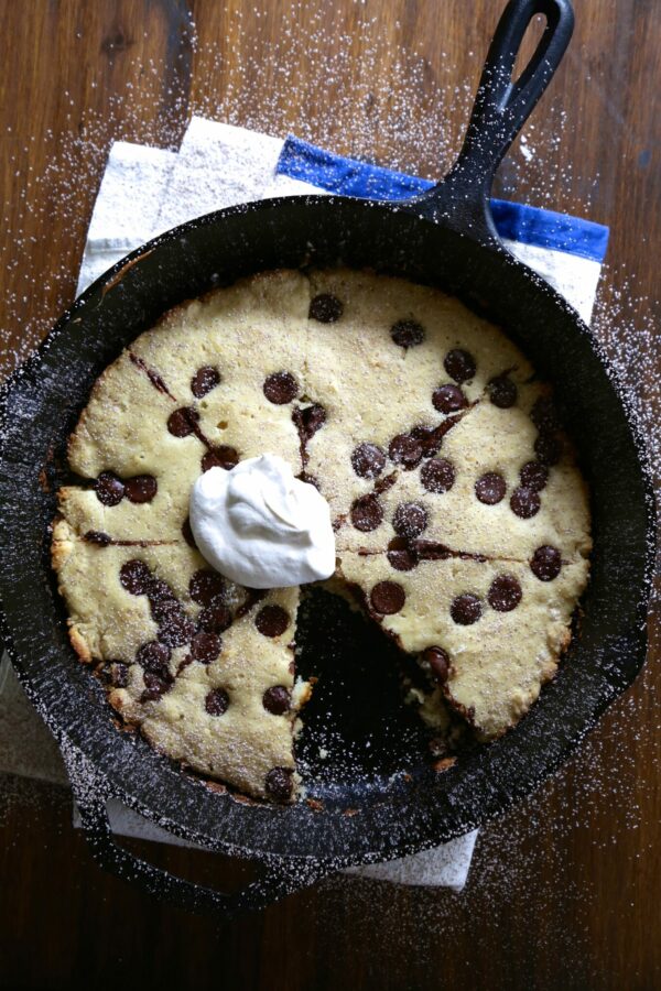 dark chocolate chip pancake skillet with kahula whipped cream www.climbinggriermountain.com