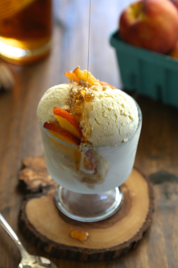 bourbon honey ice cream with brown butter crumble & fresh peaches www.climbinggriermountain.com