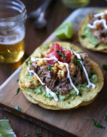 slow cooker spiced baby back rib tostadas with corn relish & creme www.climbinggriermountain.com