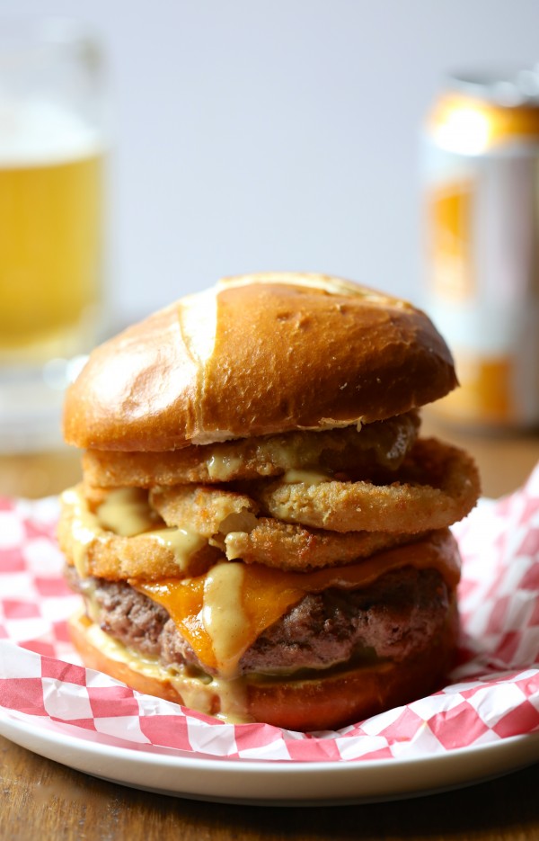 juicy ball park burger with onion rings & mustard beer sauce www.climbinbggriermountain.com