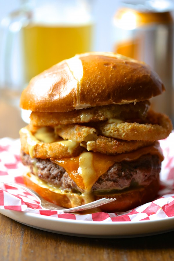 Juicy Ball Park Burger with Onion Rings & Mustard Beer Sauce www.climbinggriermountain.com