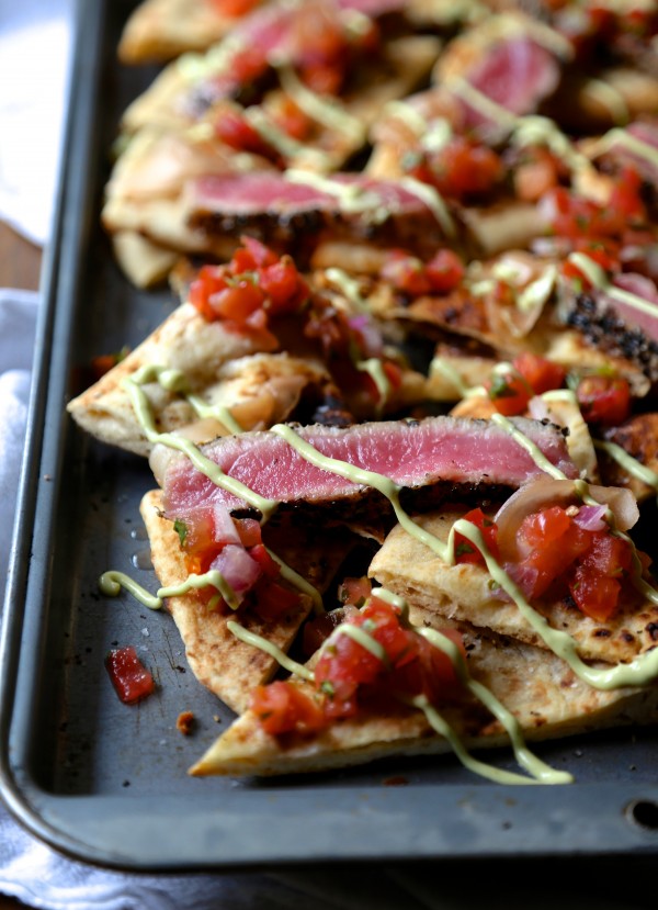 seared sesame ahi tuna naan nachos with avocado wasabi cream & pickled ginger www.climbinggriermountain.com