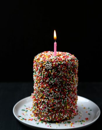 three tiered double chocolate mini cake with chocolate marshmallow frosting & sprinkles www.climbinggriermountain.com