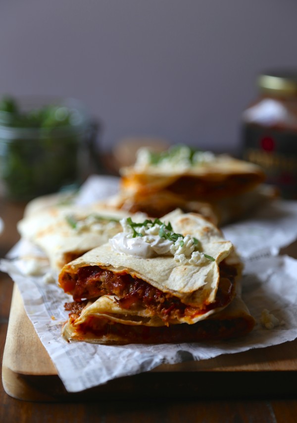 Spicy Harissa Quesadilla with Lamb, Caramelized Onions, and Cojita-Feta Cheese two