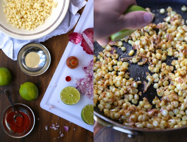 Ingredients for corn relish and corn relish cooking in a pan. 