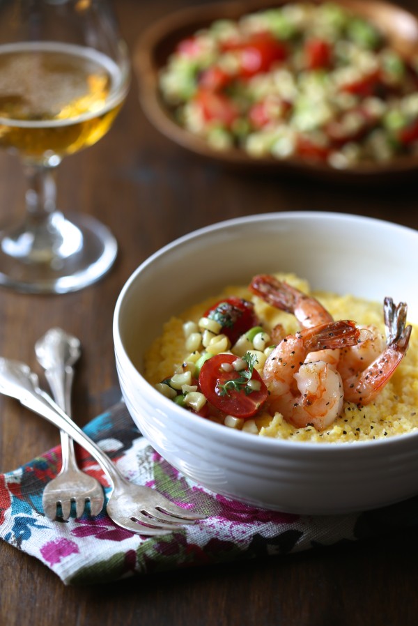 beer braised shrimp & grits with summer succotash