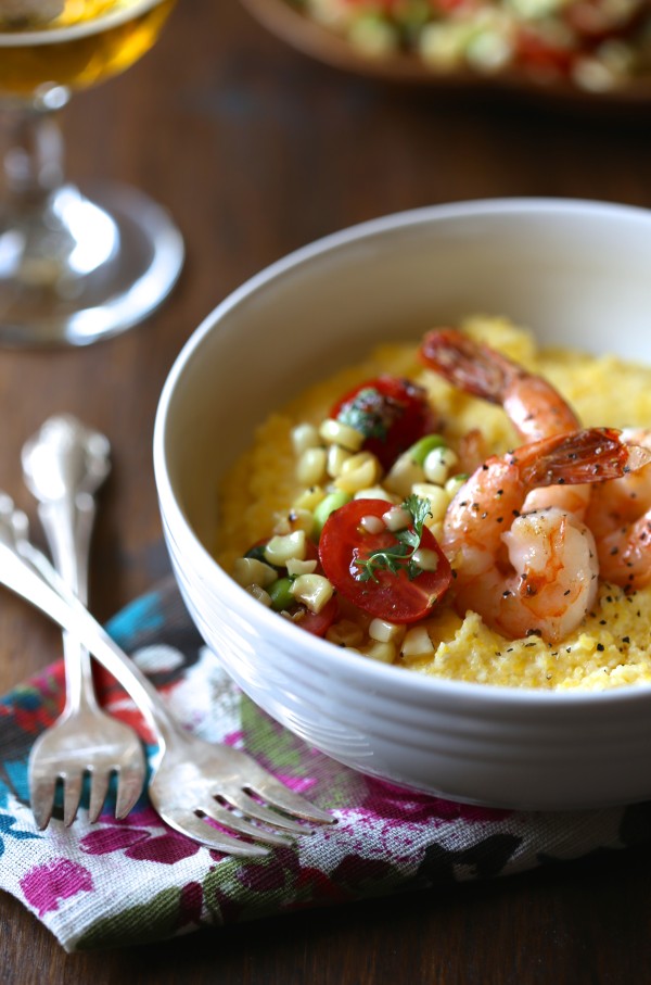 beer braised shrimp & grits with summer succotash