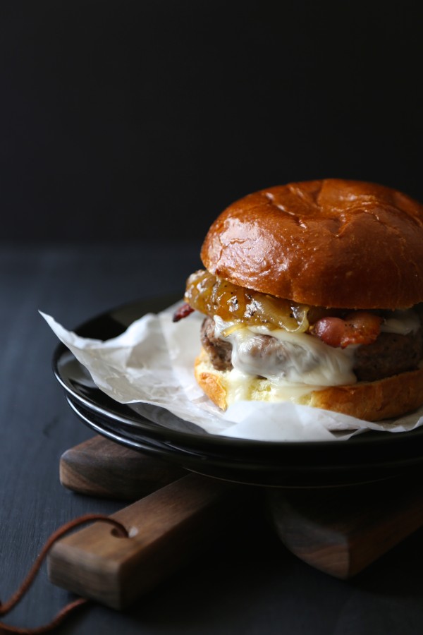 Bacon and Brie Burger with Spicy Peach Caramelized Onions