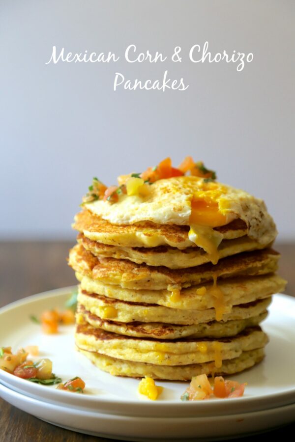 mexican corn & chorizo pancakes with fried egg & heirloom tomato salsa