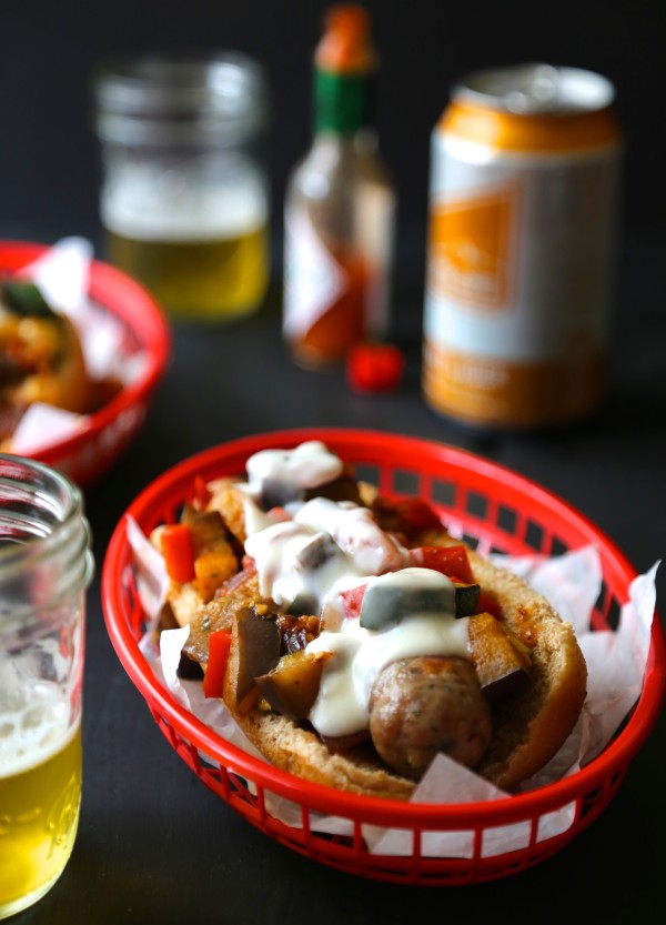 ratatouille beer brats with spicy bechamel sauce