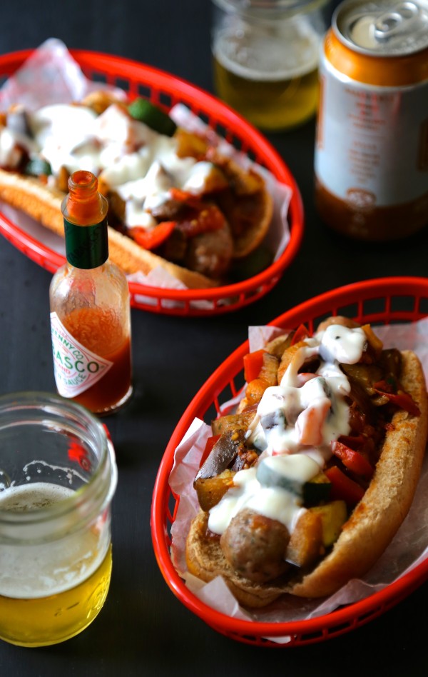Ratatouille Beer Brats with Spicy Bechamel Sauce