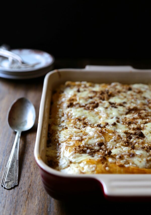 Double Layered Puff Pastry Rueben Casserole with Brown Butter Rye Breadcrumbs