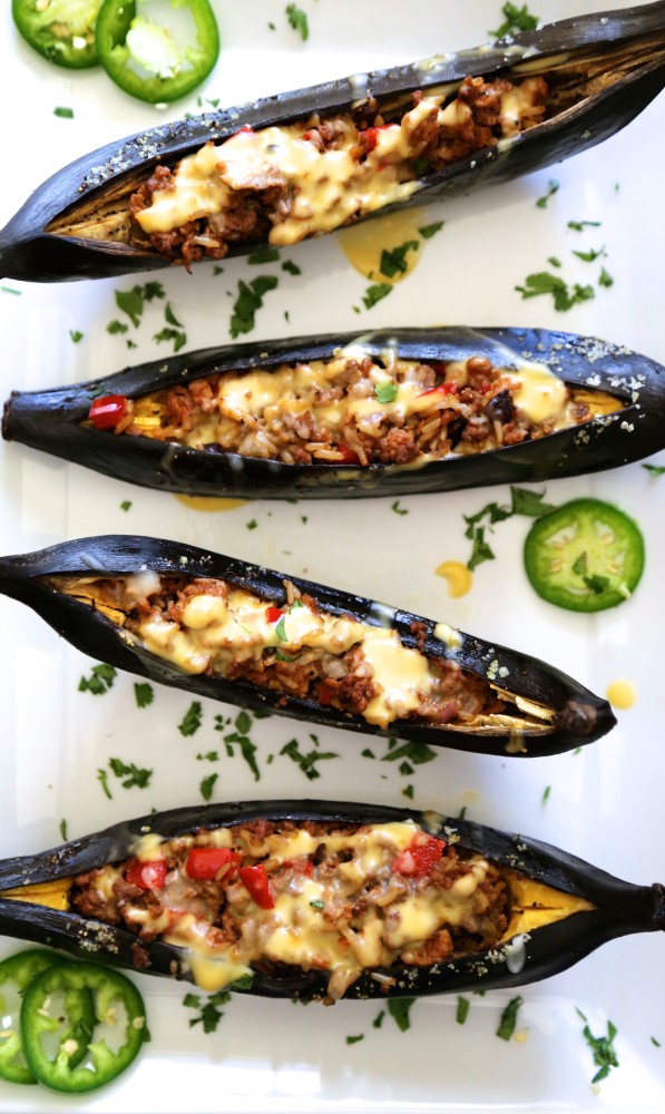 twice baked beef & chorizo stuffed plantains with homemade queso