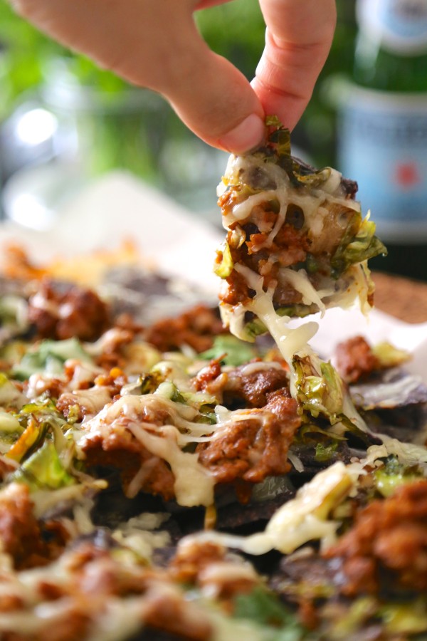 chorizo and balsamic brussels nachos 