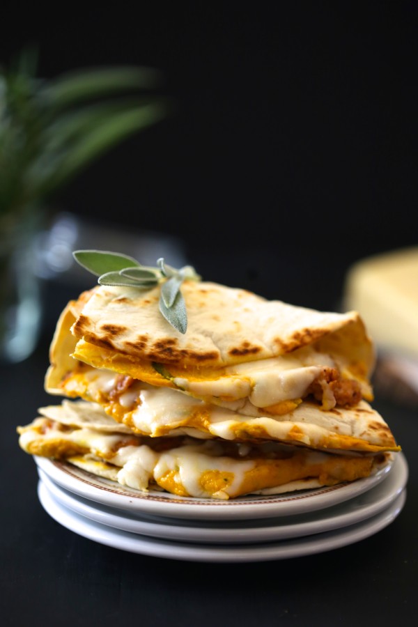 cheesy pumpkin quesadilla with fresh sage & chicken sausage