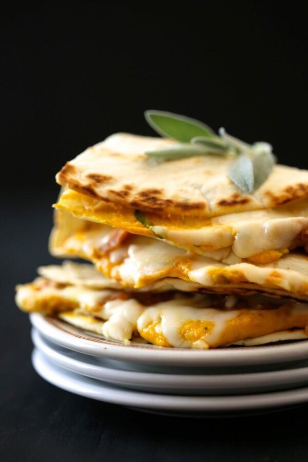 cheesy pumpkin quesadilla with fresh sage & chicken sausage www.climbinggriermountain.com