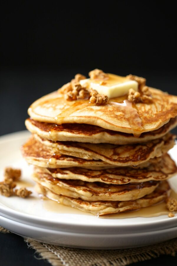 apple-gingersnap pancakes with apple crisp granola & maple syrup