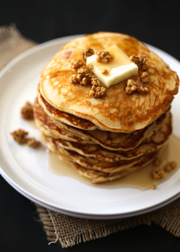 apple-gingersnap pancakes with apple crisp granola & maple syrup