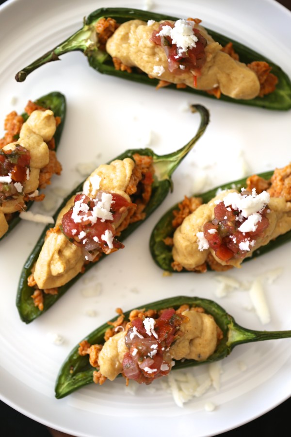 Mexican Spiced Hummus Stuffed Jalapenos with Chorizo & Cotija Cheese www.climbinggriermountain.com