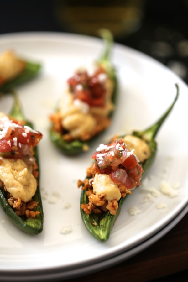 Mexican Spiced Hummus Stuffed Jalapenos with Chorizo & Cotija Cheese