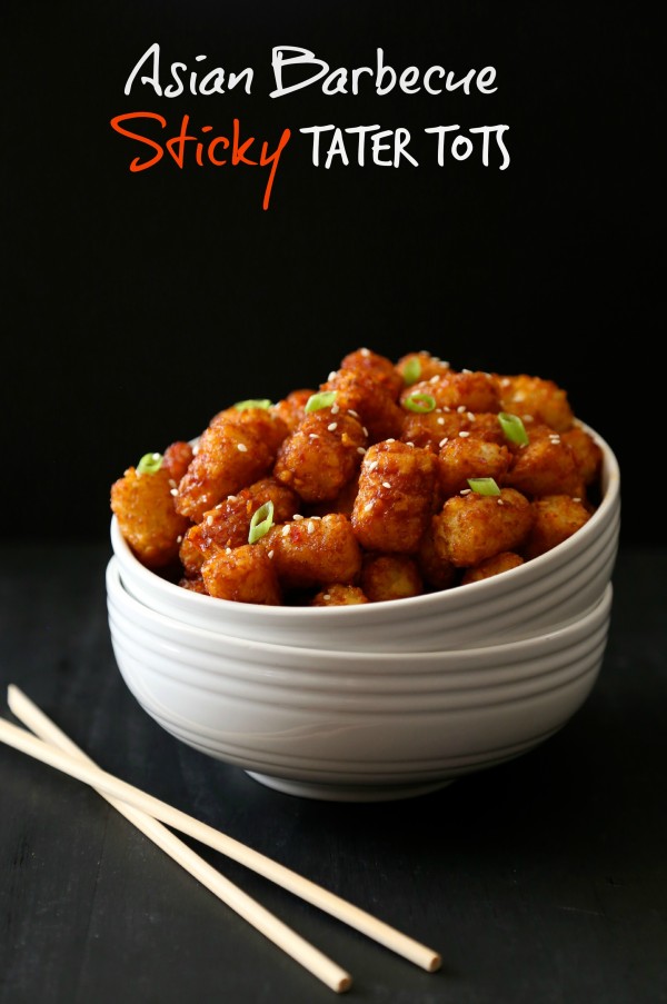 asian barbecue sticky tater tots with toasted sesame seeds