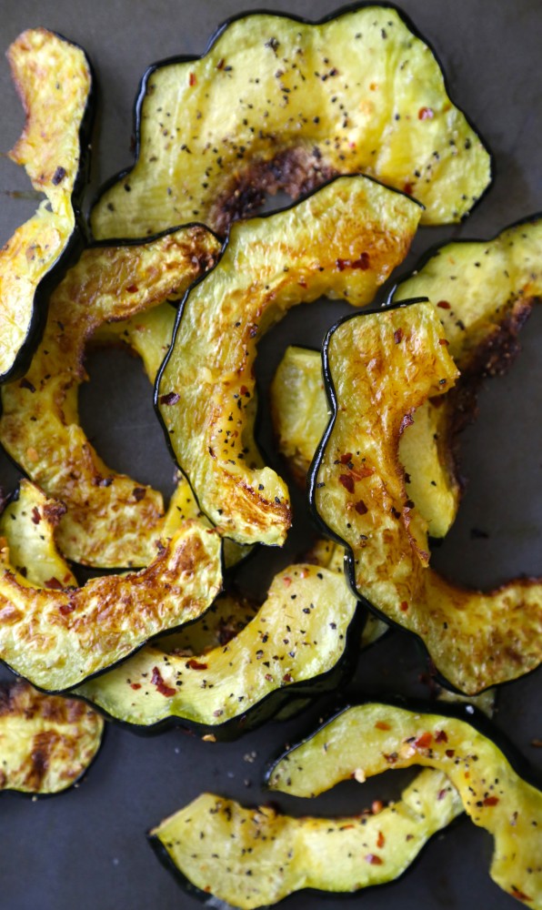 autumn acorn squash pita "nachos" with pomegranates & blue cheese