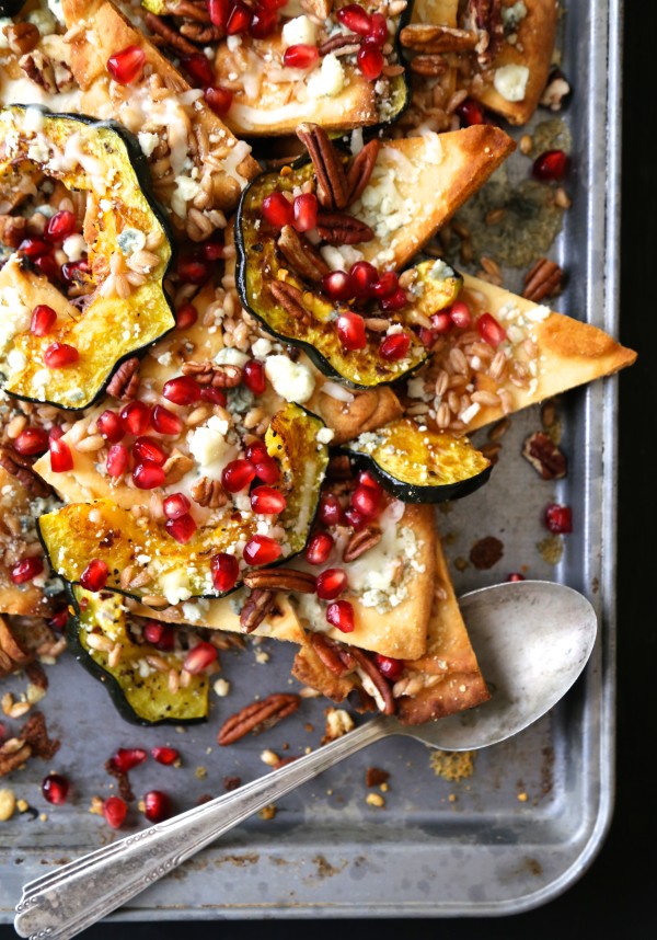 autumn acorn squash pita "nachos" with pomegranates & blue cheese