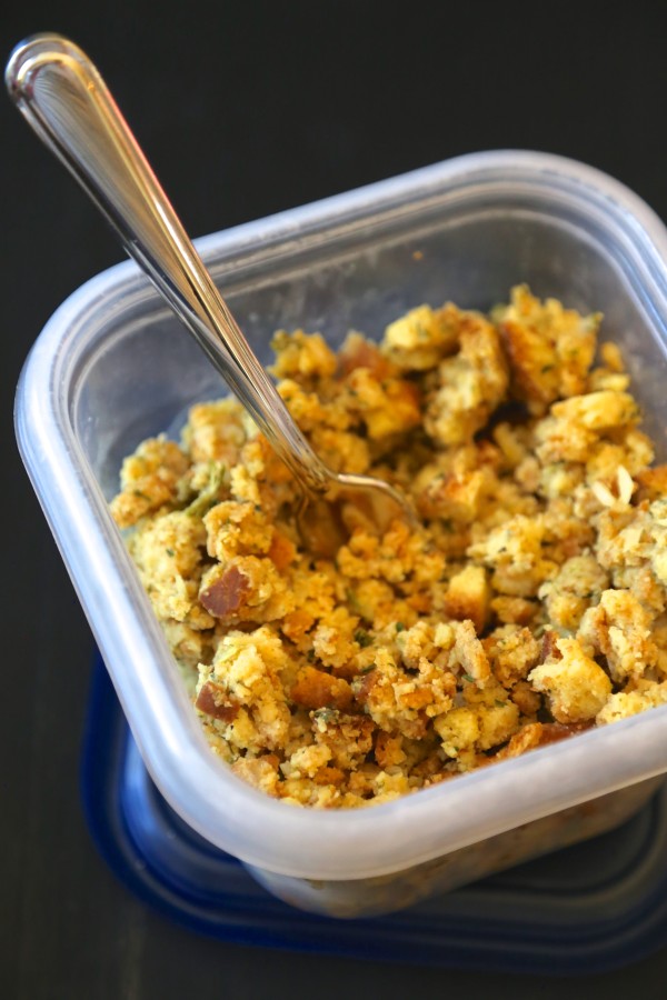 Stuffing in a tupperware container with a fork in it.