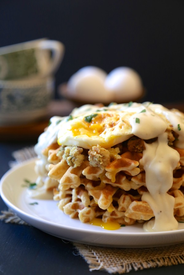 Leftover thanksgiving stuffing waffles with fried egg & gravy.