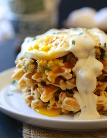 Stuffing waffles with fried egg & gravy
