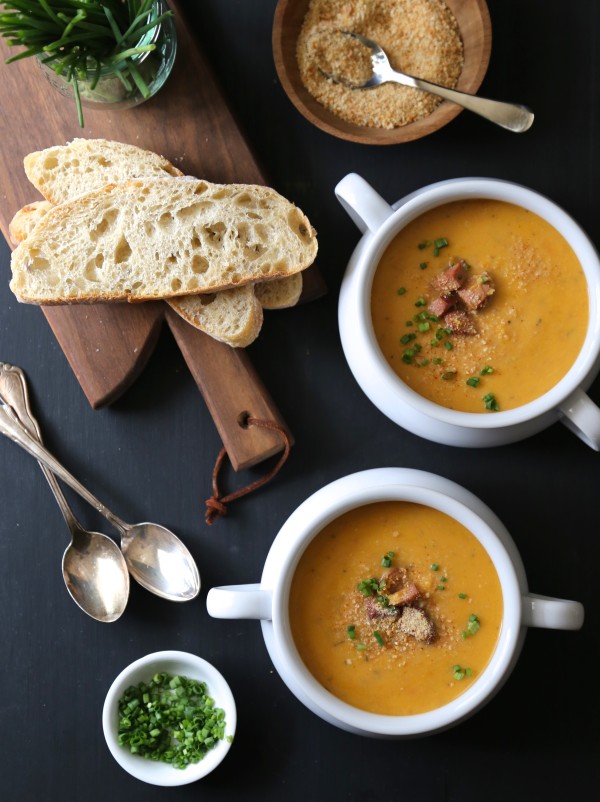 cajun pumpkin soup with andouille & spicy breadcrumbs