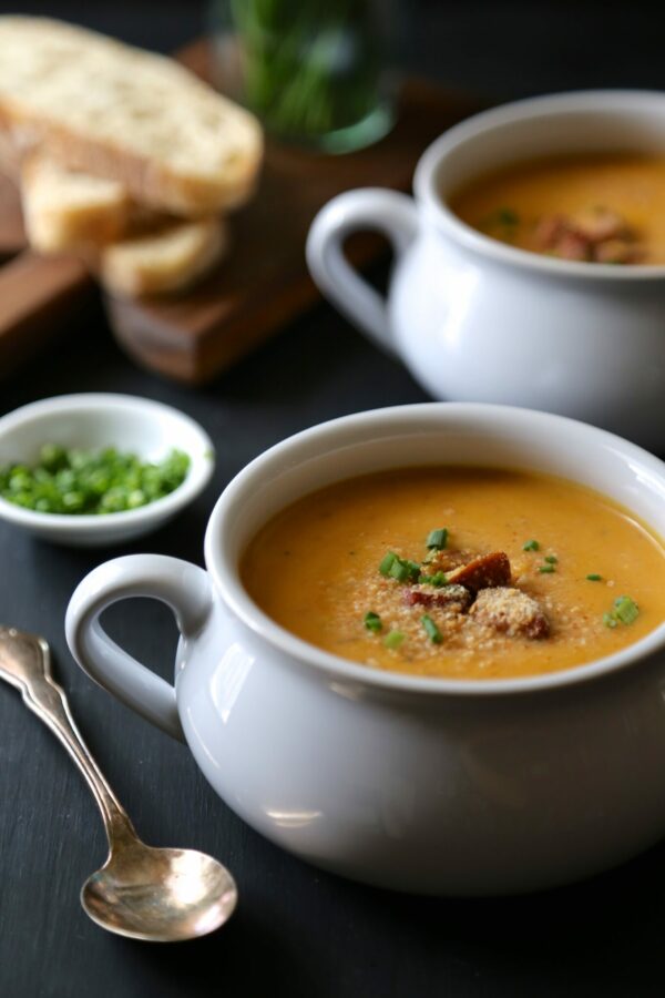 cajun pumpkin soup with andouille & spicy breadcrumbs