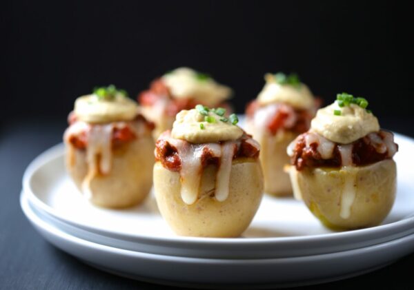 hamburger pizza stuffed mini potatoes with ranch hummus 