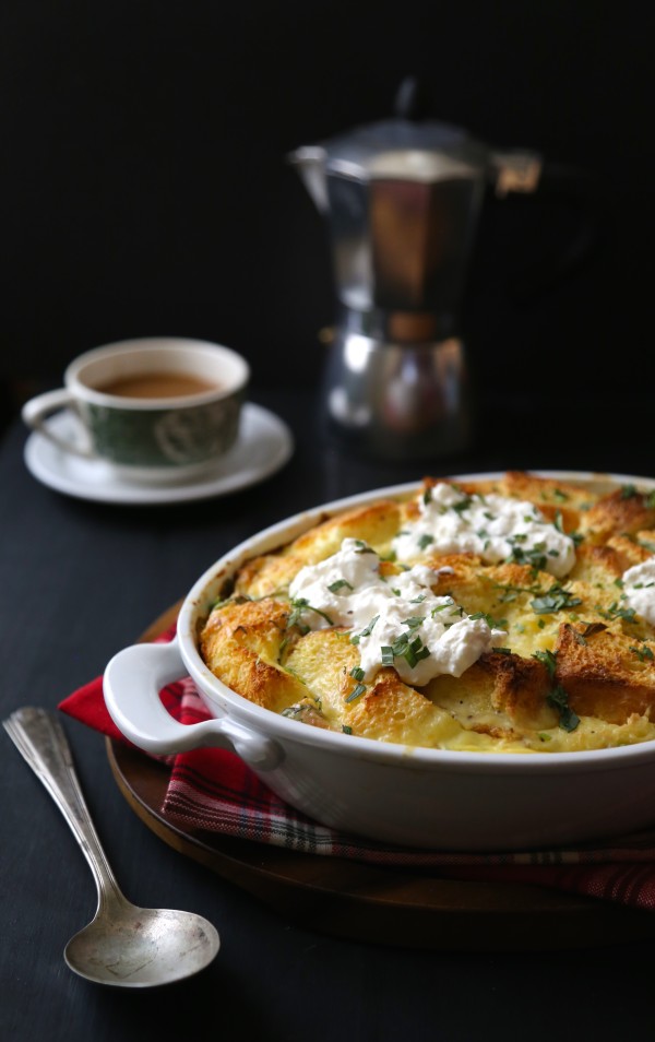 crab and burrata brioche strata with fresh tarragon