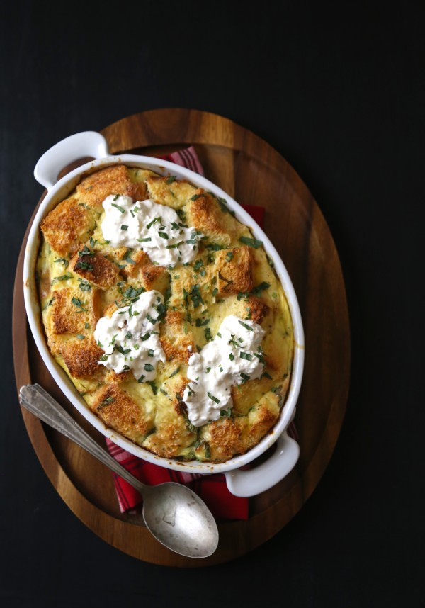 crab and burrata brioche strata with fresh tarragon