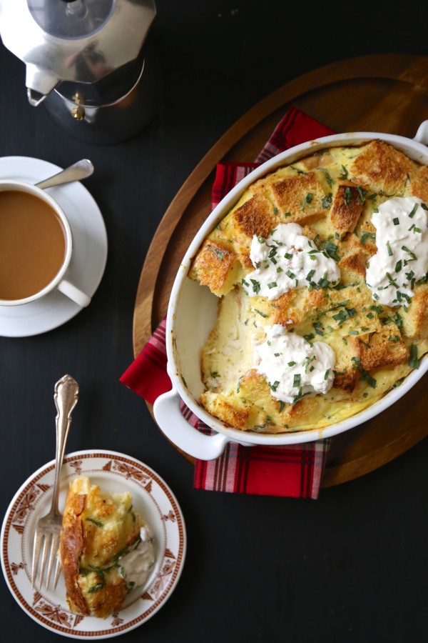 crab and burrata brioche strata with fresh tarragon