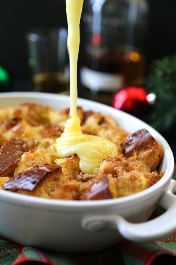 old fashioned challah bread pudding with whiskey sauce