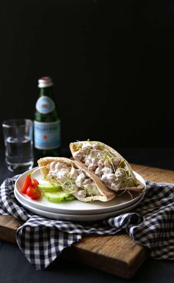 chicken and chickpea salad pita sandwiches with broccoli sprouts