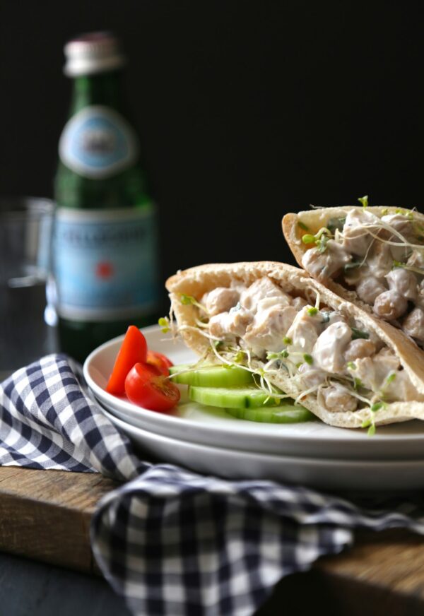 Chicken and Chickpea Salad Pita Sandwiches with Broccoli Sprouts