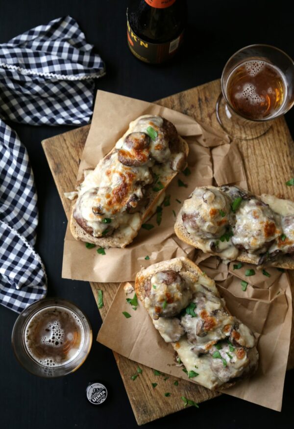 open-faced beef stroganoff meatball sandwiches