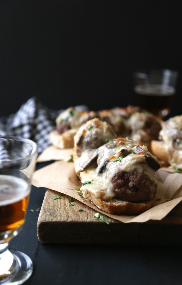 open-faced beef stroganoff meatball sandwiches