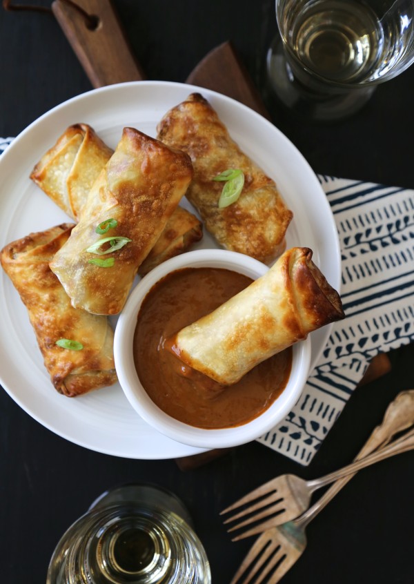 curried tater tot stuffed egg rolls with coconut dipping sauce