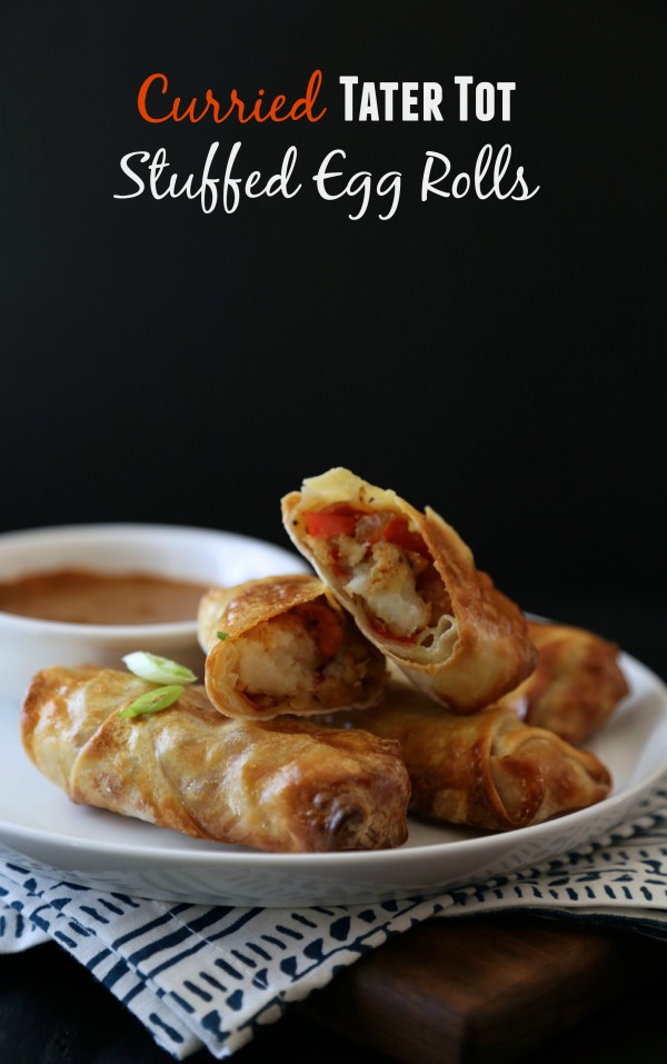 curried tater tot stuffed egg rolls with coconut dipping sauce