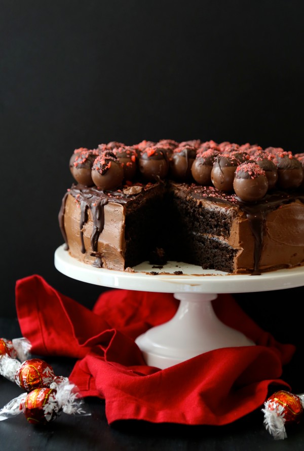  dark chocolate cake with cherry pop rocks covered truffles