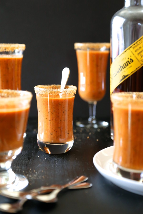 Bourbon Tomato Soup Shooters with Grilled Cheese Rims