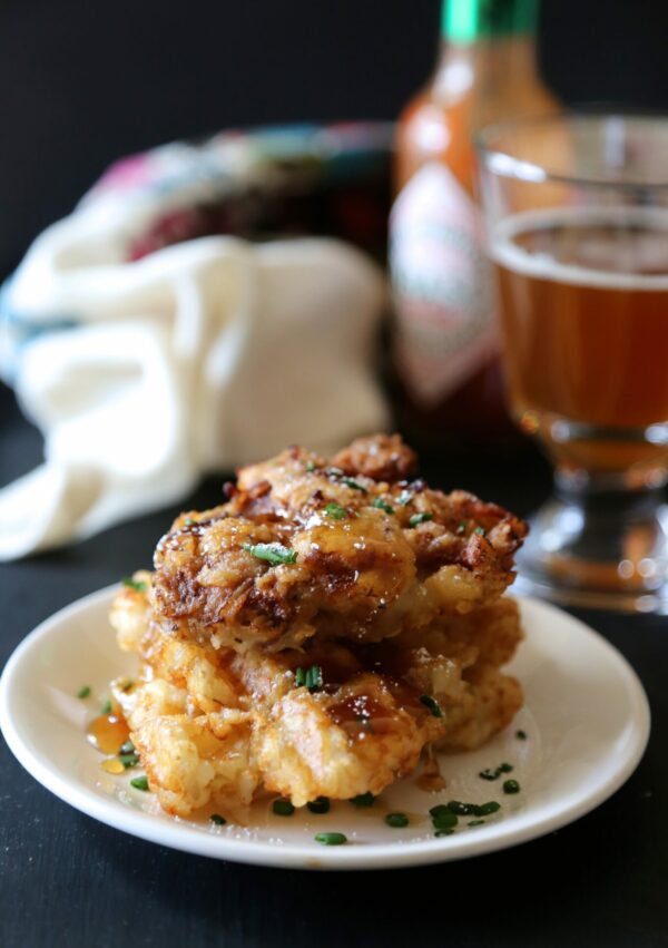 fried chicken and waffle-tots with honey www.climbinggriermountain.com