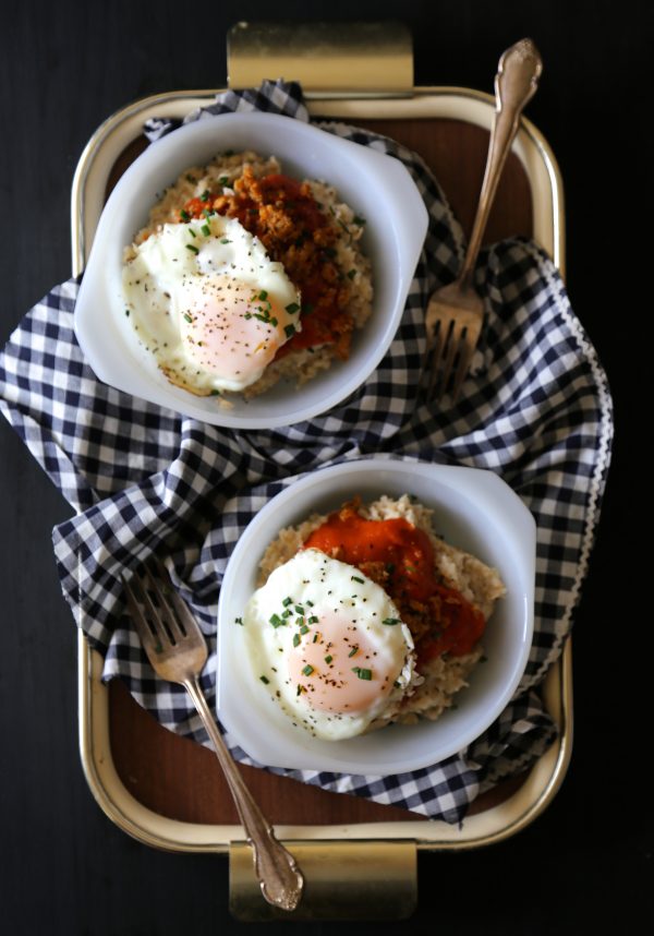 red eye gravy oatmeal with fried egg & chorizo