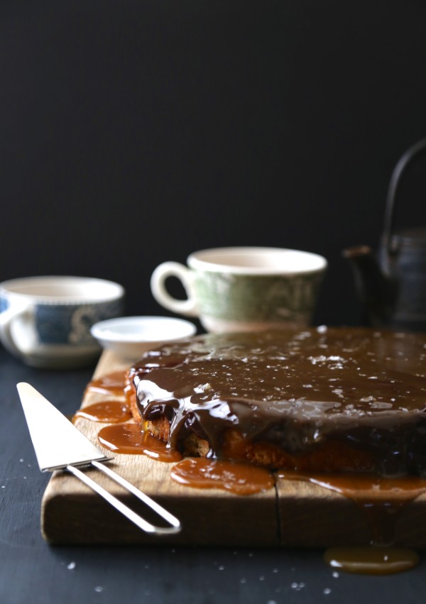 banana cake with dark chocolate frosting & salted caramel www.climbinggriermountain.com