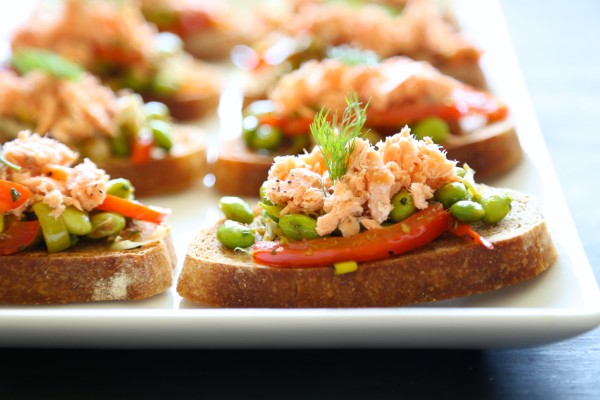 salmon crostini with fava bean ragout