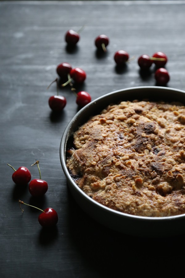 chocolate cherry cake with chocolate oat streusel